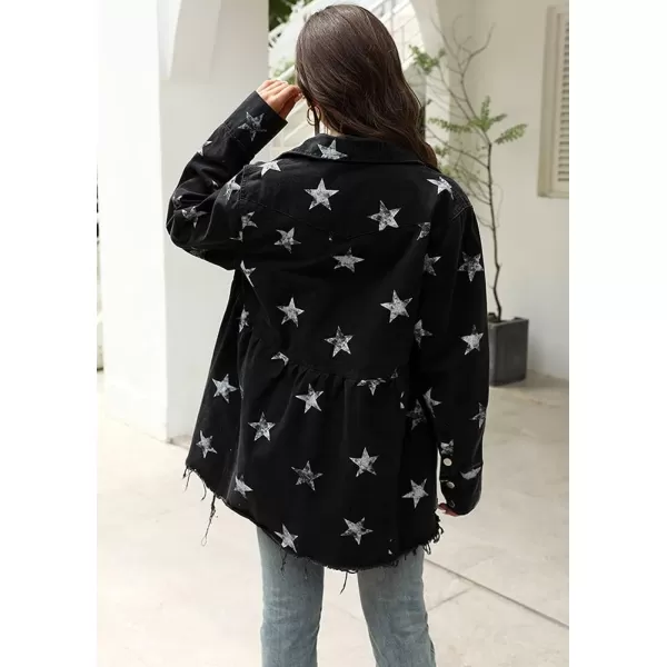 chouyatou Womens Casual Frayed Raw Hem Star Print Mid Long Peplum Denim JacketBlack