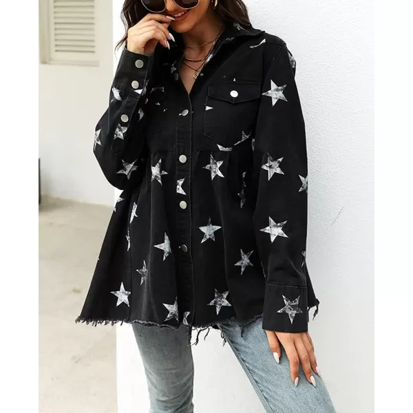 chouyatou Womens Casual Frayed Raw Hem Star Print Mid Long Peplum Denim JacketBlack