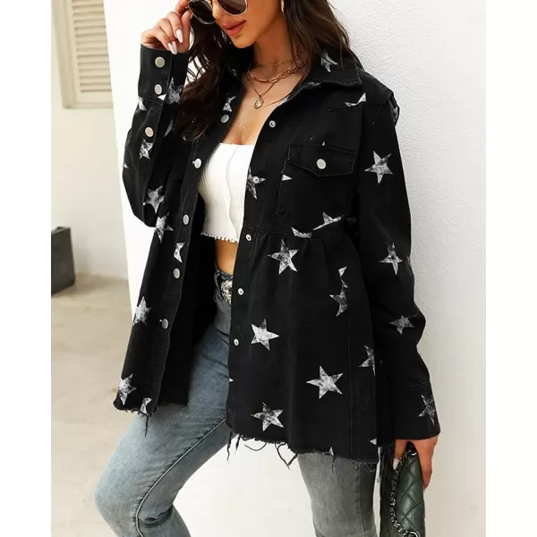 chouyatou Womens Casual Frayed Raw Hem Star Print Mid Long Peplum Denim JacketBlack
