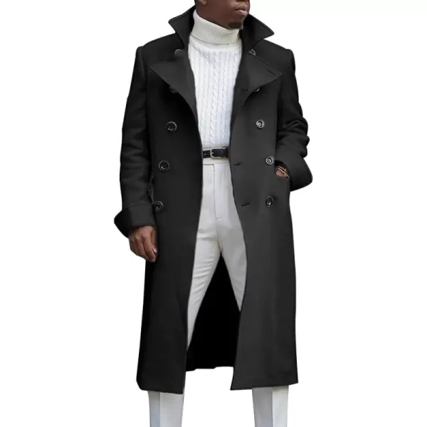 chouyatou Mens British Style Double Breasted Heavyweight Mid Long Wool Pea CoatBlack
