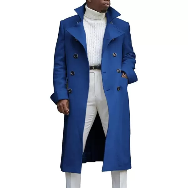 chouyatou Mens British Style Double Breasted Heavyweight Mid Long Wool Pea CoatBlue