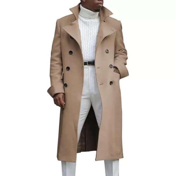 chouyatou Mens British Style Double Breasted Heavyweight Mid Long Wool Pea CoatKhaki