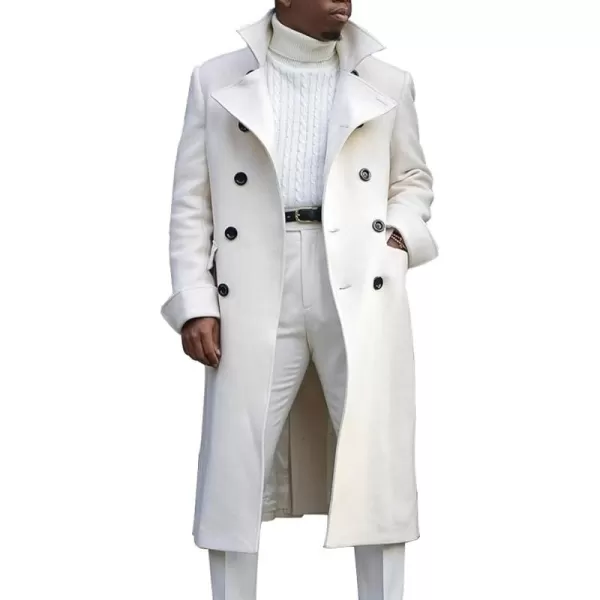chouyatou Mens British Style Double Breasted Heavyweight Mid Long Wool Pea CoatWhite