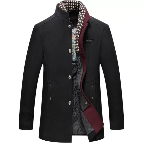 chouyatou Mens Casual Banded Collar Single Breasted Thicken Quilted Lined Wool Blend Pea Coat Detachable Plaid ScarfBlack