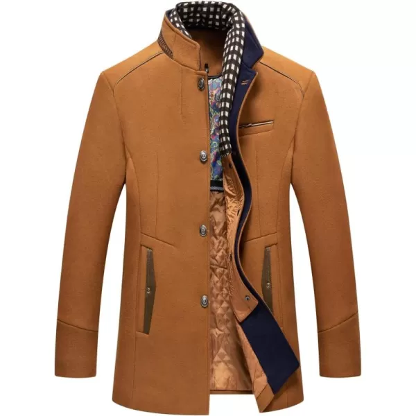 chouyatou Mens Casual Banded Collar Single Breasted Thicken Quilted Lined Wool Blend Pea Coat Detachable Plaid ScarfCamel