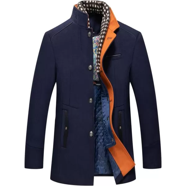 chouyatou Mens Casual Banded Collar Single Breasted Thicken Quilted Lined Wool Blend Pea Coat Detachable Plaid ScarfNavy Blue
