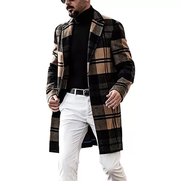 chouyatou Mens Casual Notched Collar Plaid Single Breasted Wool Blend Formal Trench Top CoatBrownplaid