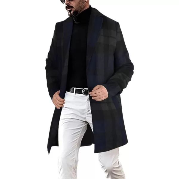 chouyatou Mens Casual Notched Collar Plaid Single Breasted Wool Blend Formal Trench Top CoatNavyplaid