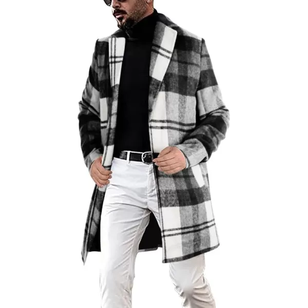 chouyatou Mens Casual Notched Collar Plaid Single Breasted Wool Blend Formal Trench Top CoatWhiteplaid