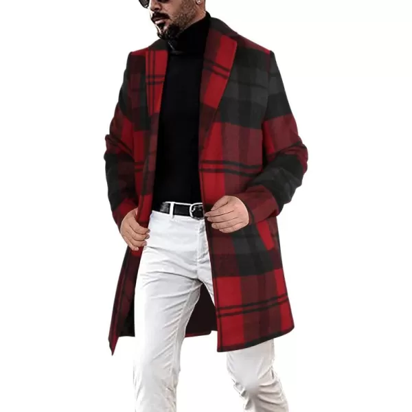 chouyatou Mens Casual Notched Collar Plaid Single Breasted Wool Blend Formal Trench Top CoatWine Redplaid