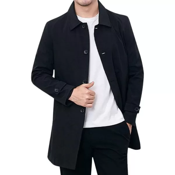 chouyatou Mens Casual Spread Collar Single Breasted Work Office Midi Long Trench CoatBlack