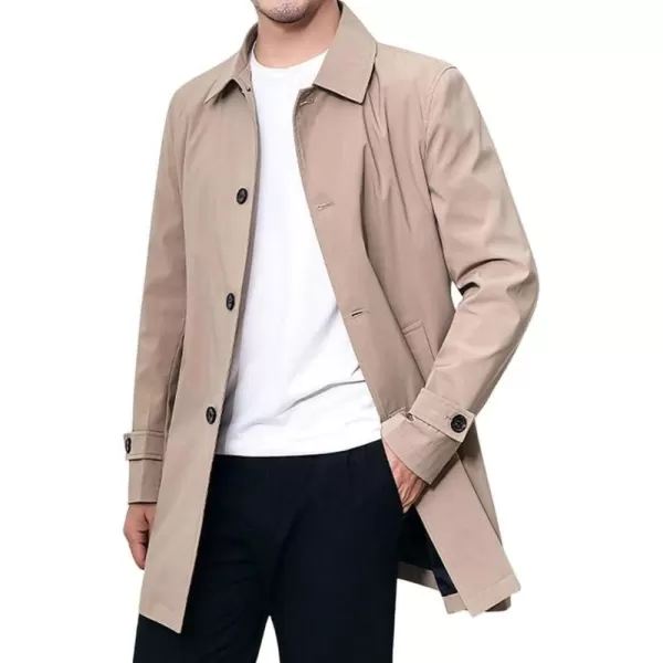chouyatou Mens Casual Spread Collar Single Breasted Work Office Midi Long Trench CoatKhaki