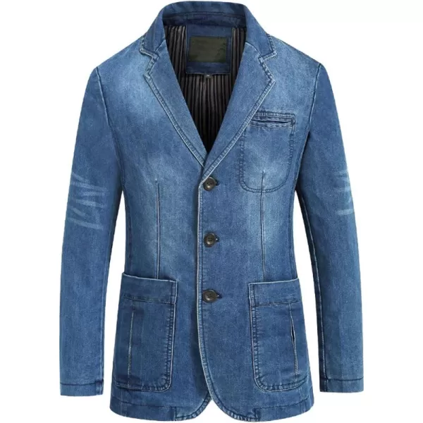 chouyatou Mens Classic Notched Collar 3 Button Tailoring Distressed Denim Blazer JacketBlue