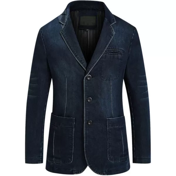 chouyatou Mens Classic Notched Collar 3 Button Tailoring Distressed Denim Blazer JacketDark Blue