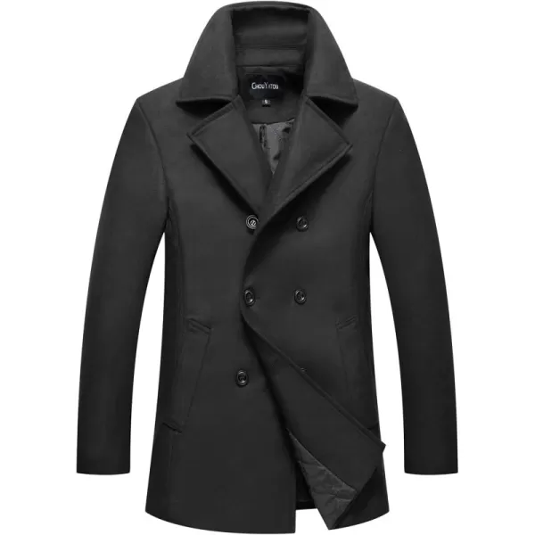 chouyatou Mens Classic Notched Collar Double Breasted Wool Blend Pea CoatBlack