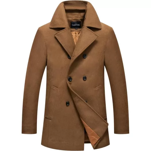 chouyatou Mens Classic Notched Collar Double Breasted Wool Blend Pea CoatBrown