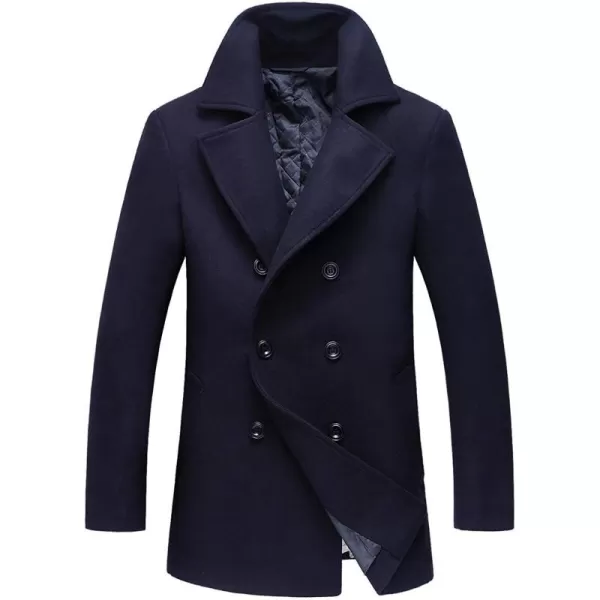 chouyatou Mens Classic Notched Collar Double Breasted Wool Blend Pea CoatDark Blue