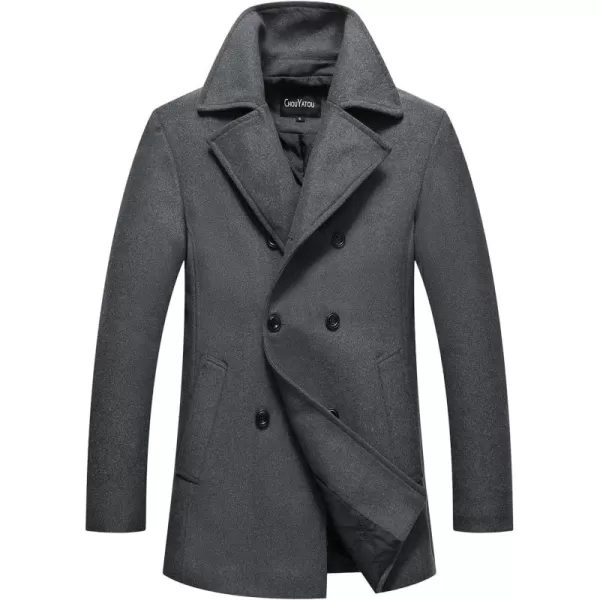 chouyatou Mens Classic Notched Collar Double Breasted Wool Blend Pea CoatGray