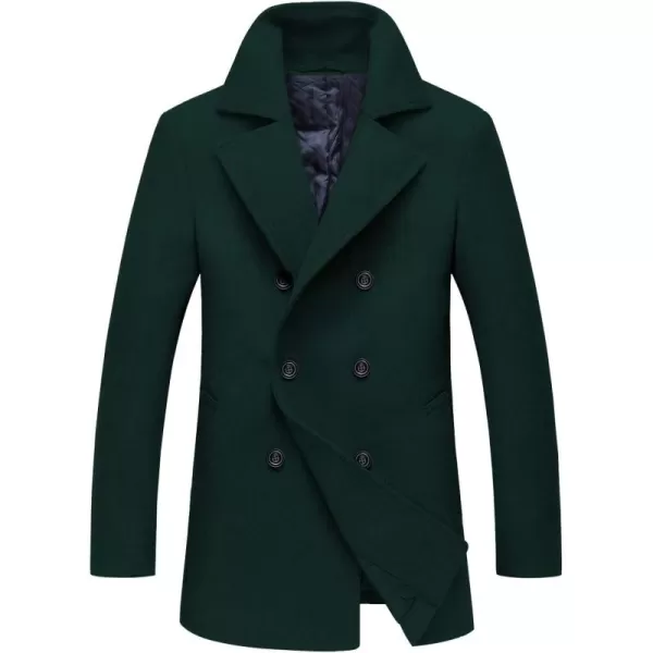 chouyatou Mens Classic Notched Collar Double Breasted Wool Blend Pea CoatGreen