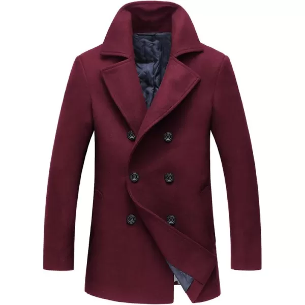 chouyatou Mens Classic Notched Collar Double Breasted Wool Blend Pea CoatWine Red
