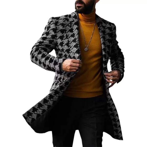 chouyatou Mens Fashion Pattern Notched Lapel Double Breasted Midi Long Wool Trench Pea CoatBlack