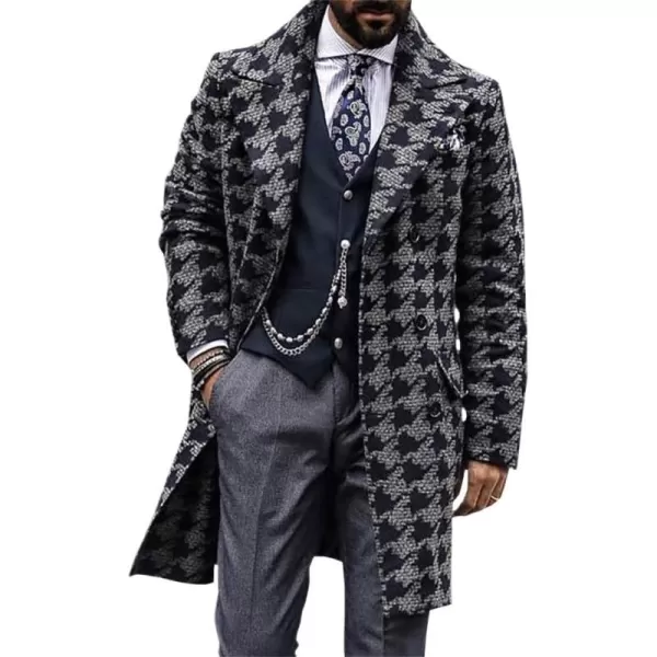 chouyatou Mens Fashion Pattern Notched Lapel Double Breasted Midi Long Wool Trench Pea CoatDark Blue