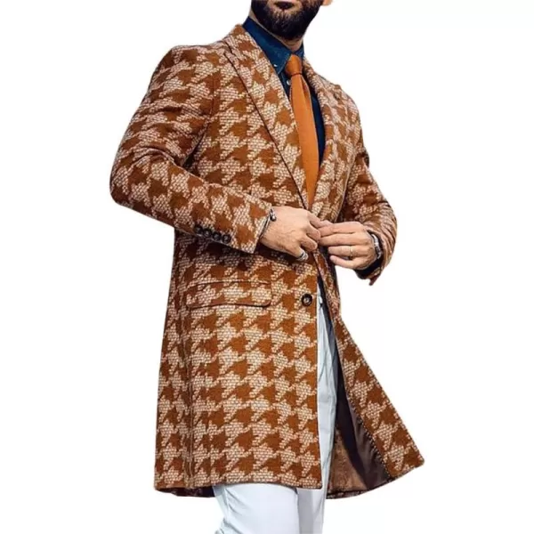 chouyatou Mens Fashion Pattern Notched Lapel Double Breasted Midi Long Wool Trench Pea CoatOrange