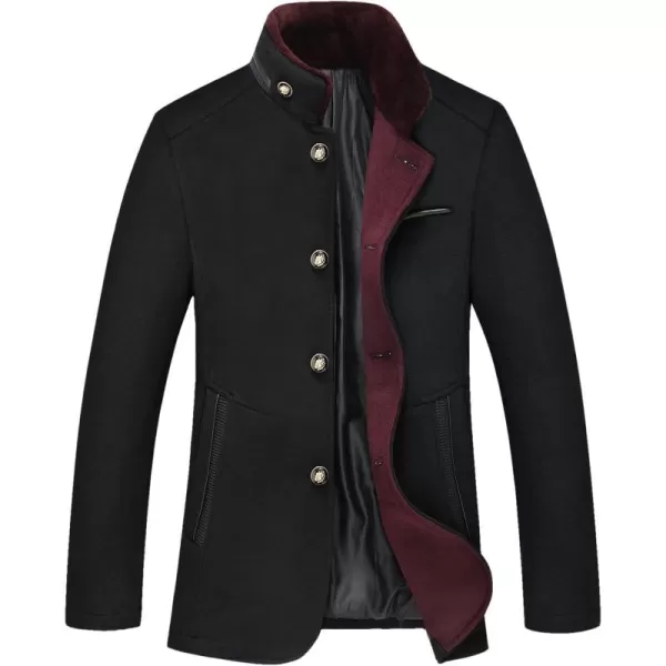 chouyatou Mens Gentle Band Collar Single Breasted Wool Blend Pea Coat10black
