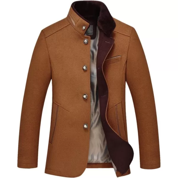chouyatou Mens Gentle Band Collar Single Breasted Wool Blend Pea Coat10brown