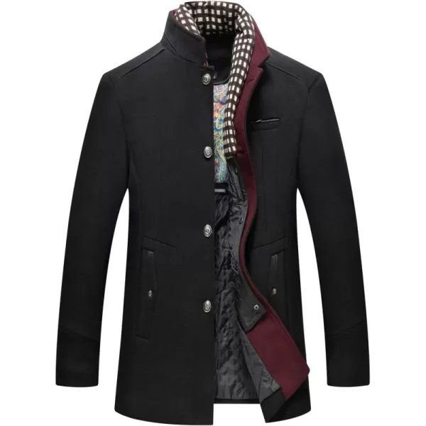 chouyatou Mens Gentle Band Collar Single Breasted Wool Blend Pea Coat99black