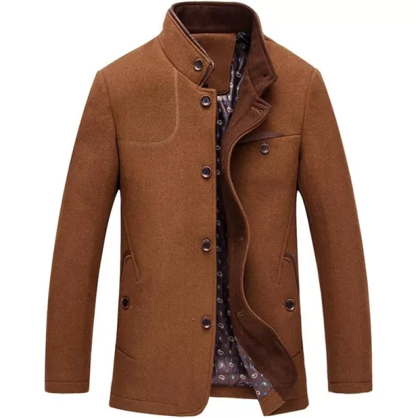 chouyatou Mens Gentle Band Collar Single Breasted Wool Blend Pea CoatBrown