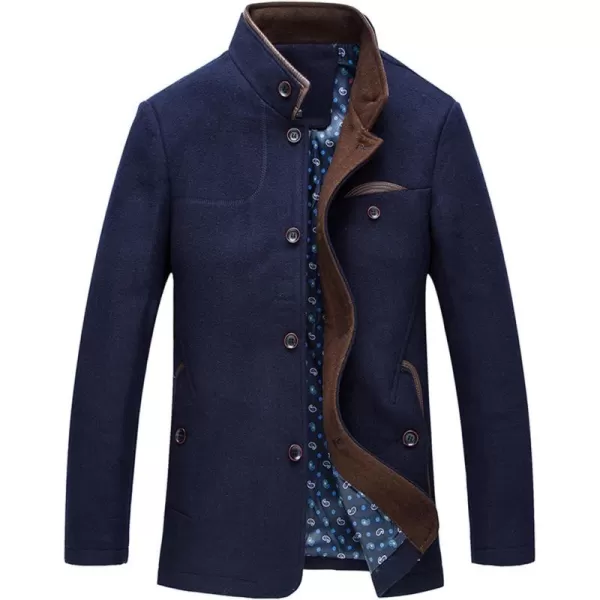 chouyatou Mens Gentle Band Collar Single Breasted Wool Blend Pea CoatNavyblue