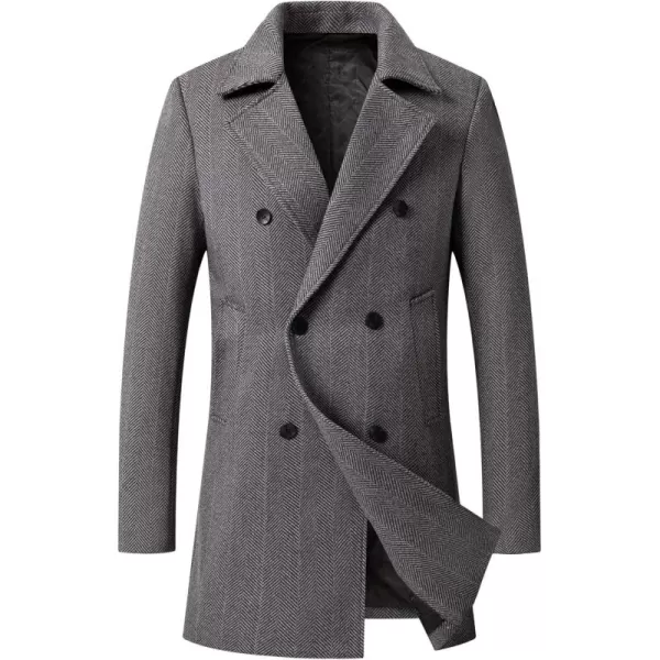 chouyatou Mens Herringbone Tweed Notch Lapel Double Breasted Wool Blend Pea Coat OvercoatGrey