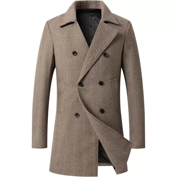 chouyatou Mens Herringbone Tweed Notch Lapel Double Breasted Wool Blend Pea Coat OvercoatKhaki