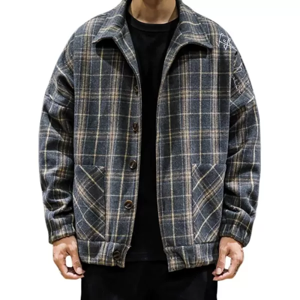 chouyatou Mens Lapel Collar Loose Single Breasted Oversize Embroider Plaid Wool Blend Shacket JacketDark Blue