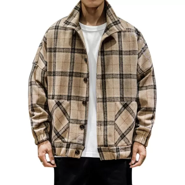 chouyatou Mens Lapel Collar Loose Single Breasted Oversize Embroider Plaid Wool Blend Shacket JacketKhaki