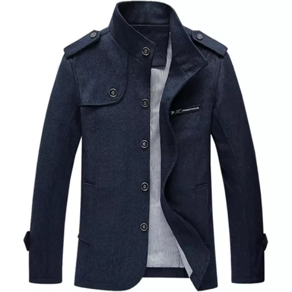 chouyatou Mens Military Stylish Single Breasted Natural Fit Stripe Lined Wool Pea CoatsDark Blue