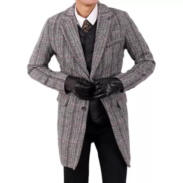 chouyatou Mens Notched Collar Wool Blend Trench Coat Casual Single Breasted Wool Pea CoatGray
