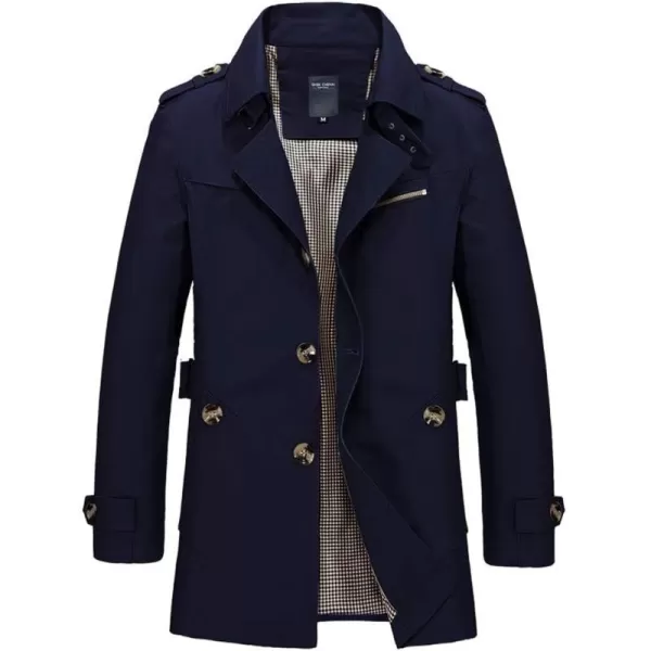 chouyatou Mens Slim Notched Collar Single Breasted Cotton Jacket Office Trench CoatNavy Blue