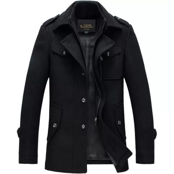 chouyatou Mens Stand Collar WoolBlend Classic Pea Coat with Removable Inner CollarH36black
