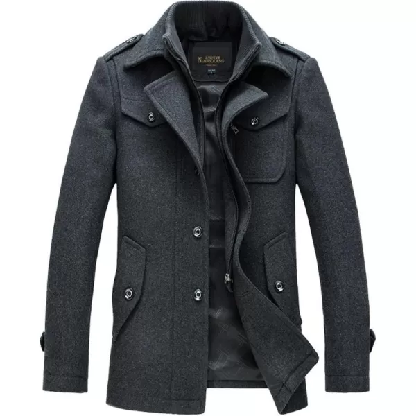 chouyatou Mens Stand Collar WoolBlend Classic Pea Coat with Removable Inner CollarH36gray