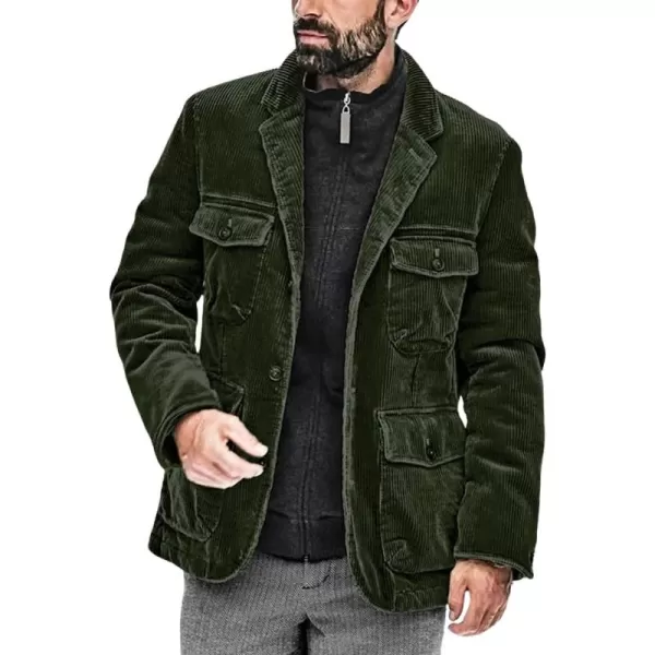 chouyatou Mens Vintage Corduroy Notched Lapel Button Down Business Blazer Jacket Sport CoatArmy Green