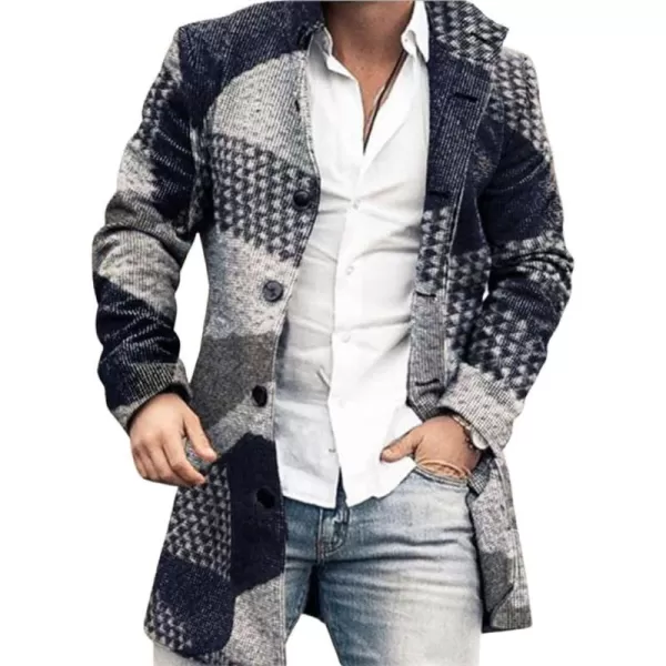 chouyatou Mens Vintage Plaid Floral Pattern Single Breasted Business Casual Winter Wool Blend Coat PeacoatAztec Blue