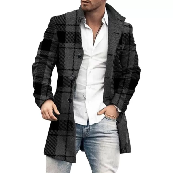chouyatou Mens Vintage Plaid Floral Pattern Single Breasted Business Casual Winter Wool Blend Coat PeacoatPlaid Black