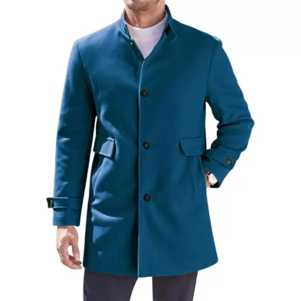 chouyatou Mens Winter Casual Stand Collar Wool Coat Single Breasted Wool Blend Pea Coat OvercoatBlue