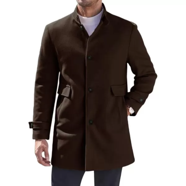chouyatou Mens Winter Casual Stand Collar Wool Coat Single Breasted Wool Blend Pea Coat OvercoatCoffee