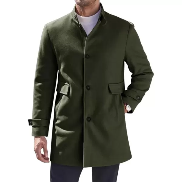 chouyatou Mens Winter Casual Stand Collar Wool Coat Single Breasted Wool Blend Pea Coat OvercoatGreen