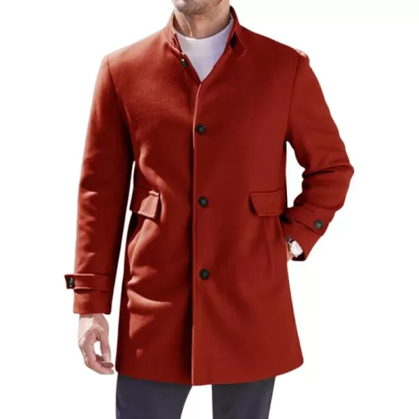chouyatou Mens Winter Casual Stand Collar Wool Coat Single Breasted Wool Blend Pea Coat OvercoatRed