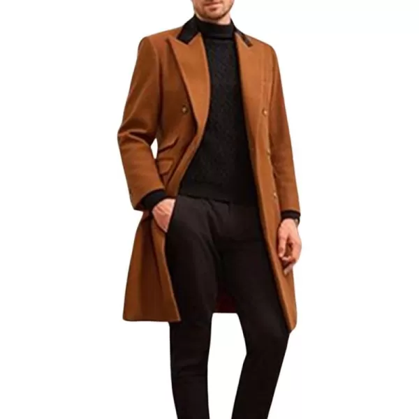 chouyatou Mens Winter Contrast Lapel Collar Wool Coat Double Breasted Wool Blend Trench Pea Coat OvercoatBrown