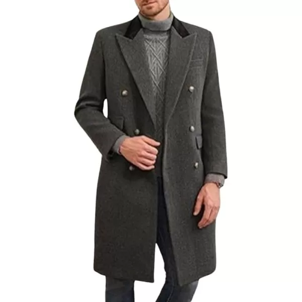 chouyatou Mens Winter Contrast Lapel Collar Wool Coat Double Breasted Wool Blend Trench Pea Coat OvercoatDark Gray